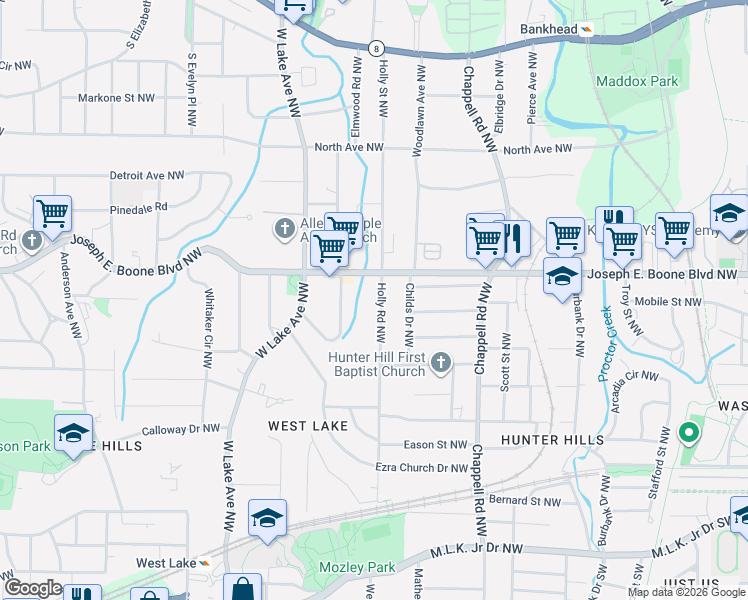 map of restaurants, bars, coffee shops, grocery stores, and more near 246 Holly Road Northwest in Atlanta