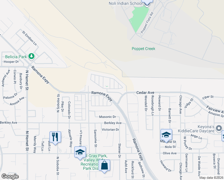 map of restaurants, bars, coffee shops, grocery stores, and more near 43025 Cedar Avenue in Hemet