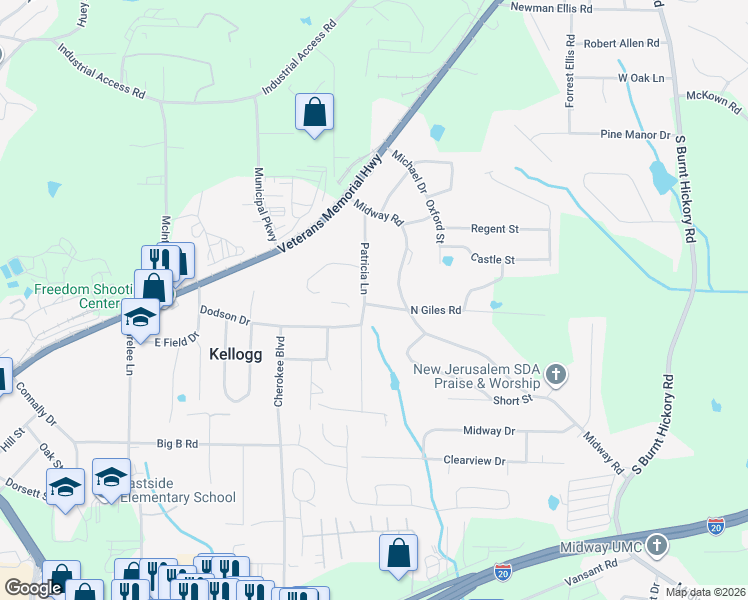 map of restaurants, bars, coffee shops, grocery stores, and more near 1621 Patricia Lane in Douglasville