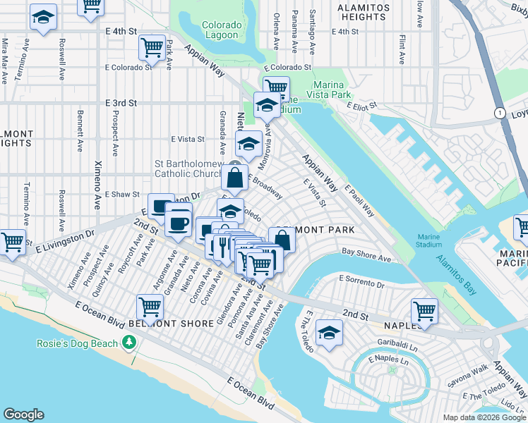 map of restaurants, bars, coffee shops, grocery stores, and more near 263 La Verne Avenue in Long Beach