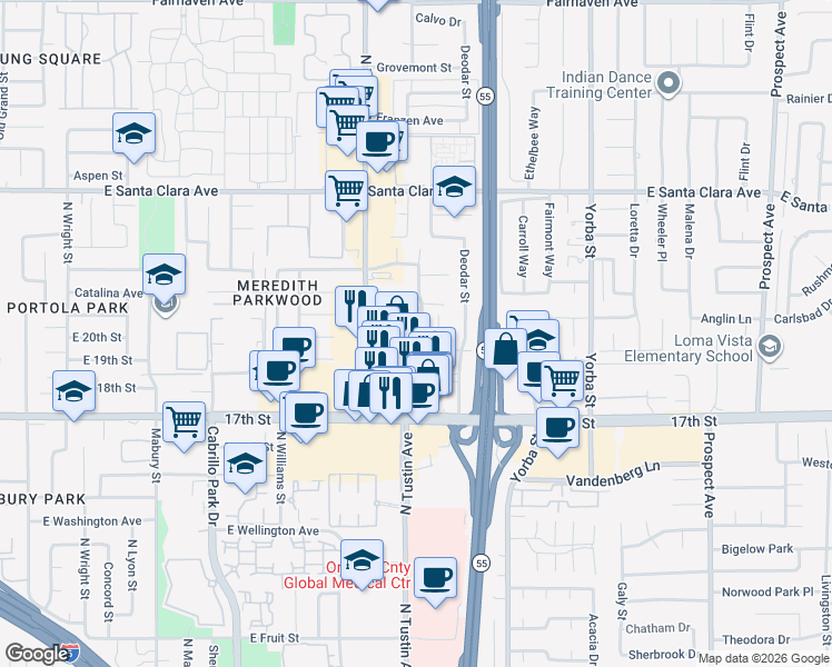 map of restaurants, bars, coffee shops, grocery stores, and more near 2232 Lenita Lane in Santa Ana