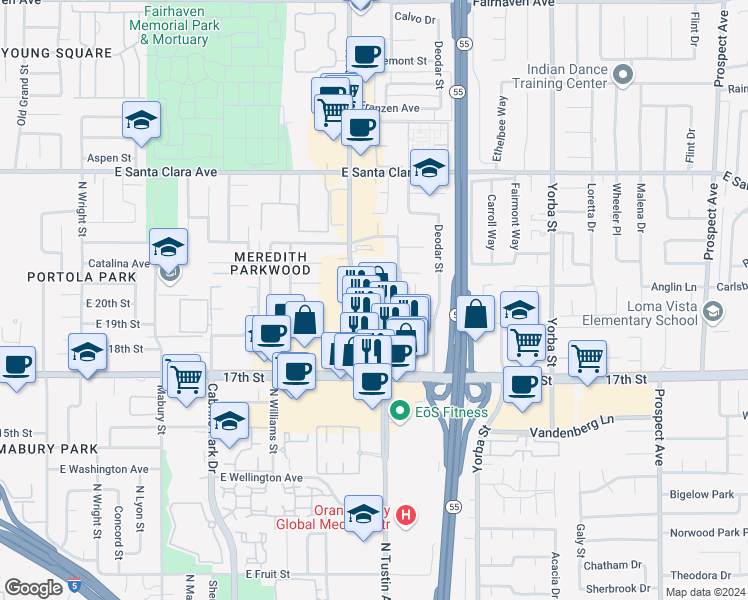 map of restaurants, bars, coffee shops, grocery stores, and more near 2232 Lenita Lane in Santa Ana