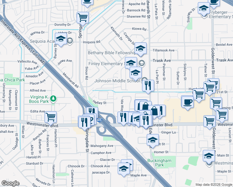map of restaurants, bars, coffee shops, grocery stores, and more near 13781 Ida Way in Westminster