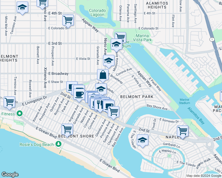 map of restaurants, bars, coffee shops, grocery stores, and more near 248 Covina Avenue in Long Beach