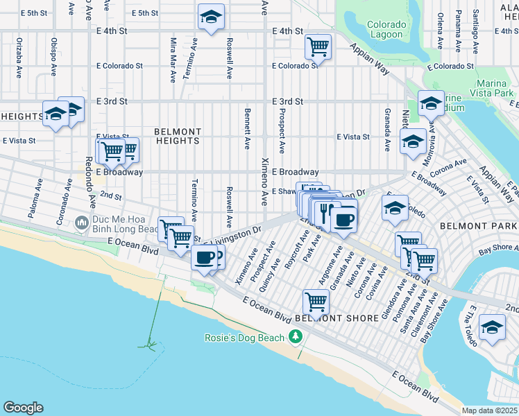 map of restaurants, bars, coffee shops, grocery stores, and more near 196 Ximeno Avenue in Long Beach