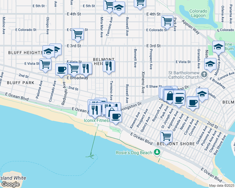 map of restaurants, bars, coffee shops, grocery stores, and more near 126 Belmont Avenue in Long Beach