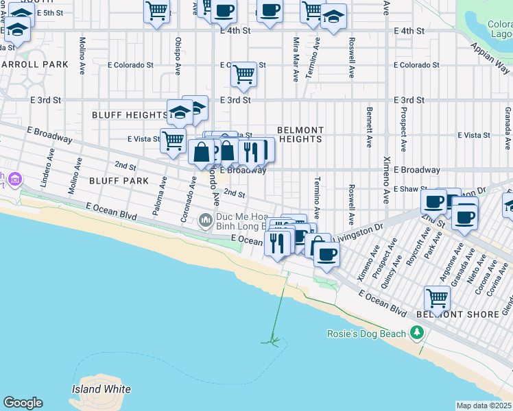 map of restaurants, bars, coffee shops, grocery stores, and more near 3665 East 1st Street in Long Beach