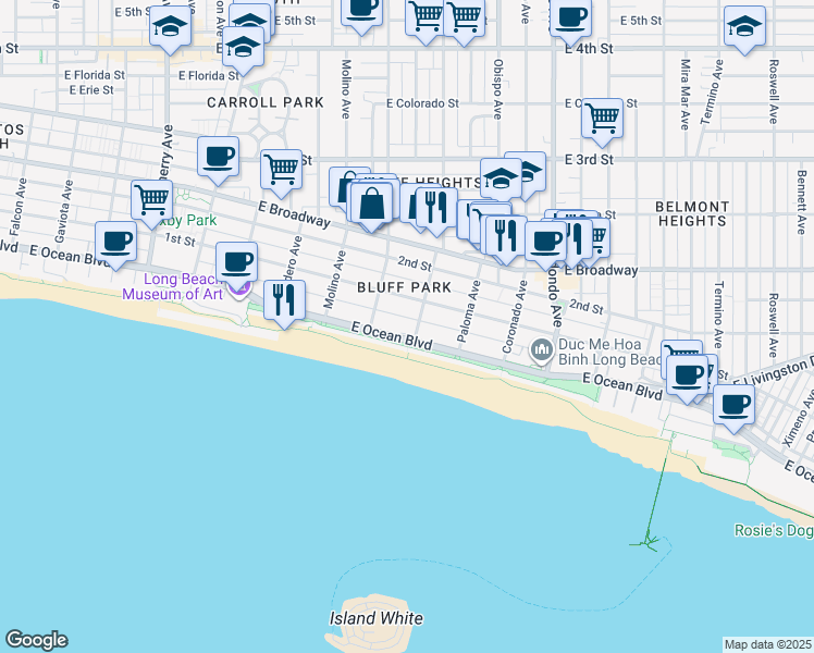 map of restaurants, bars, coffee shops, grocery stores, and more near 3001 East Ocean Boulevard in Long Beach