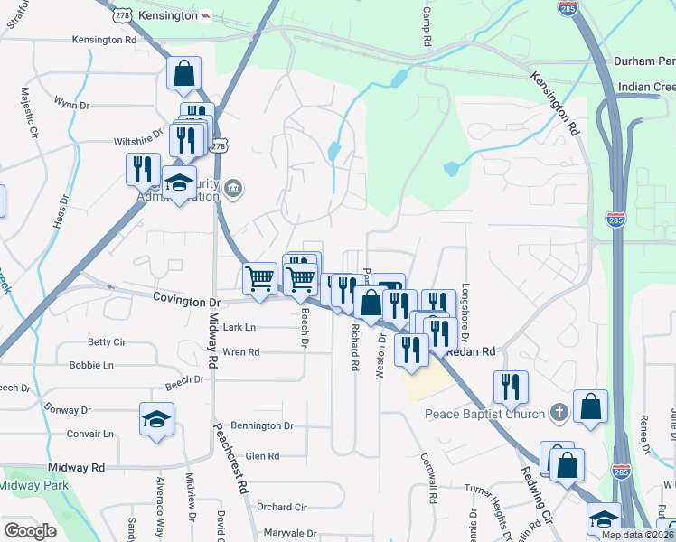 map of restaurants, bars, coffee shops, grocery stores, and more near 3728 Covington Highway in Decatur