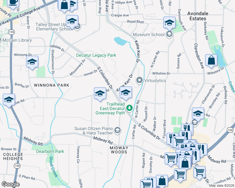 map of restaurants, bars, coffee shops, grocery stores, and more near 838 South Columbia Drive in Decatur