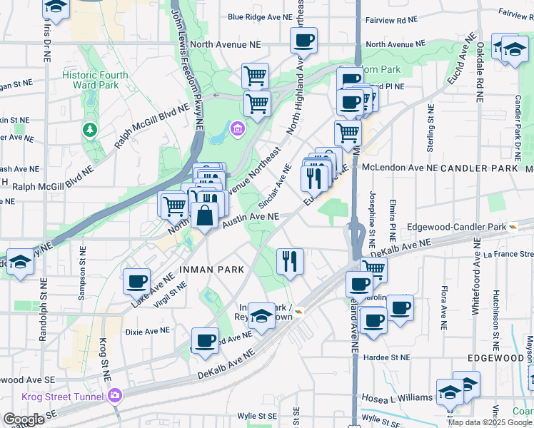 map of restaurants, bars, coffee shops, grocery stores, and more near 1020 Austin Avenue Northeast in Atlanta