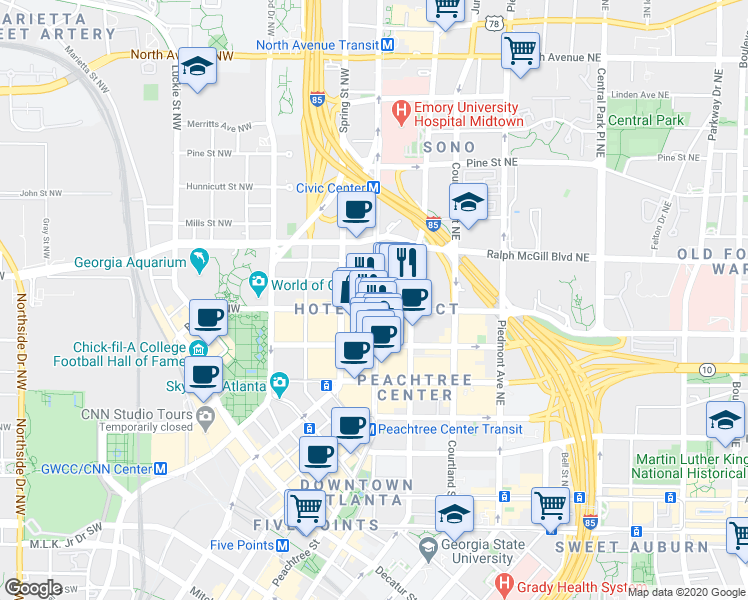 map of restaurants, bars, coffee shops, grocery stores, and more near in Atlanta