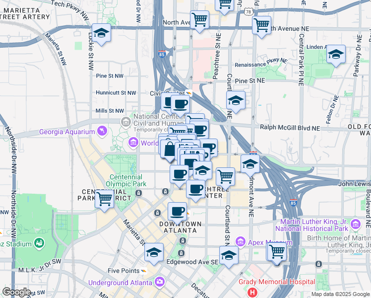 map of restaurants, bars, coffee shops, grocery stores, and more near 300 Peachtree Street in Atlanta