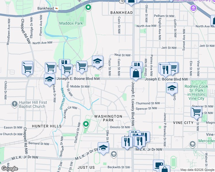 map of restaurants, bars, coffee shops, grocery stores, and more near 1070 Mayson Turner Road Northwest in Atlanta