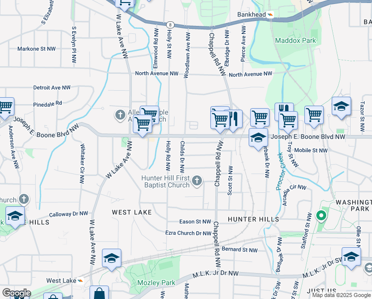 map of restaurants, bars, coffee shops, grocery stores, and more near 251 Childs Drive Northwest in Atlanta