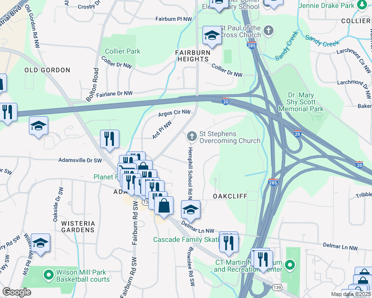 map of restaurants, bars, coffee shops, grocery stores, and more near 240 Hemphill School Road Northwest in Atlanta