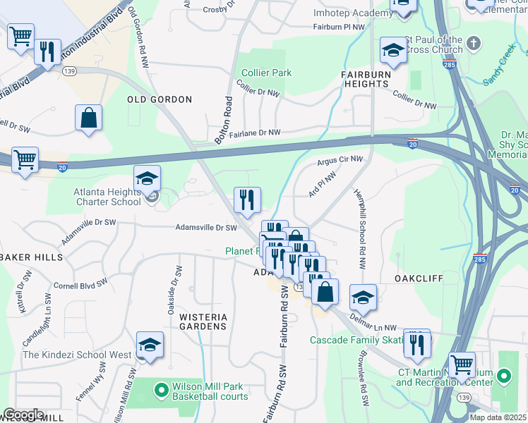 map of restaurants, bars, coffee shops, grocery stores, and more near 3617 Martin Luther King Junior Drive Southwest in Atlanta