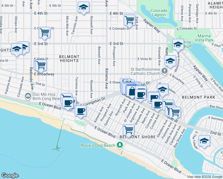 map of restaurants, bars, coffee shops, grocery stores, and more near in Long Beach