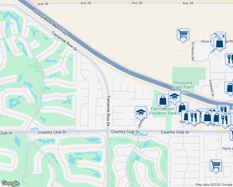 map of restaurants, bars, coffee shops, grocery stores, and more near 105 Brisa Drive in Palm Desert