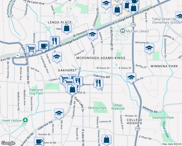 map of restaurants, bars, coffee shops, grocery stores, and more near 540 Oakview Road in Decatur