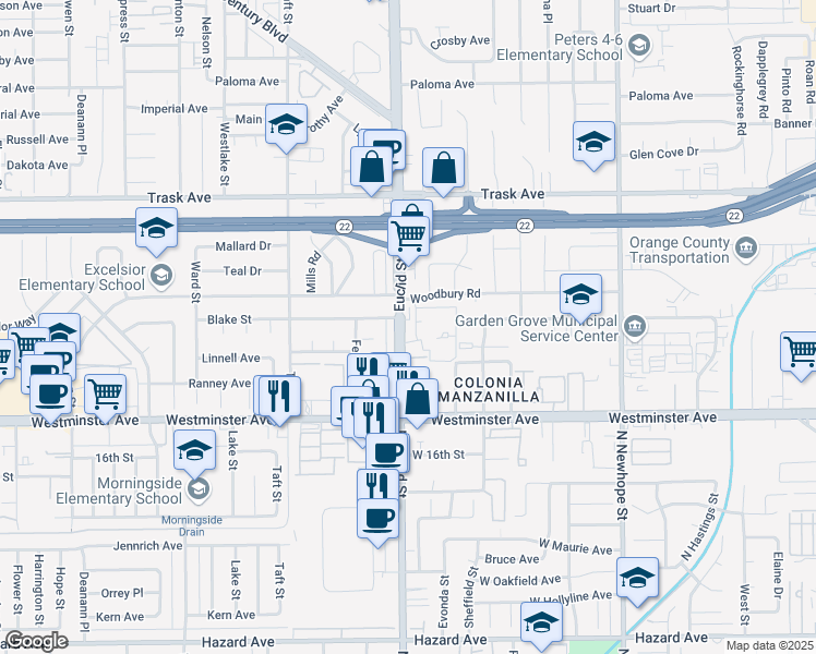 map of restaurants, bars, coffee shops, grocery stores, and more near 11012 Cynthia Circle in Garden Grove