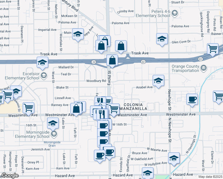 map of restaurants, bars, coffee shops, grocery stores, and more near 13772 Euclid Street in Garden Grove