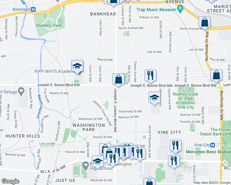 map of restaurants, bars, coffee shops, grocery stores, and more near Joseph East Lowery Blvd & Ashby Cir NW in Atlanta