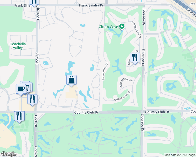 map of restaurants, bars, coffee shops, grocery stores, and more near 185 Desert Falls Drive East in Palm Desert