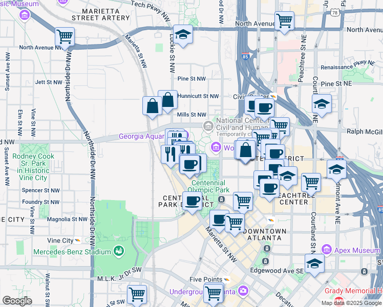 map of restaurants, bars, coffee shops, grocery stores, and more near 225 Baker Street Northwest in Atlanta