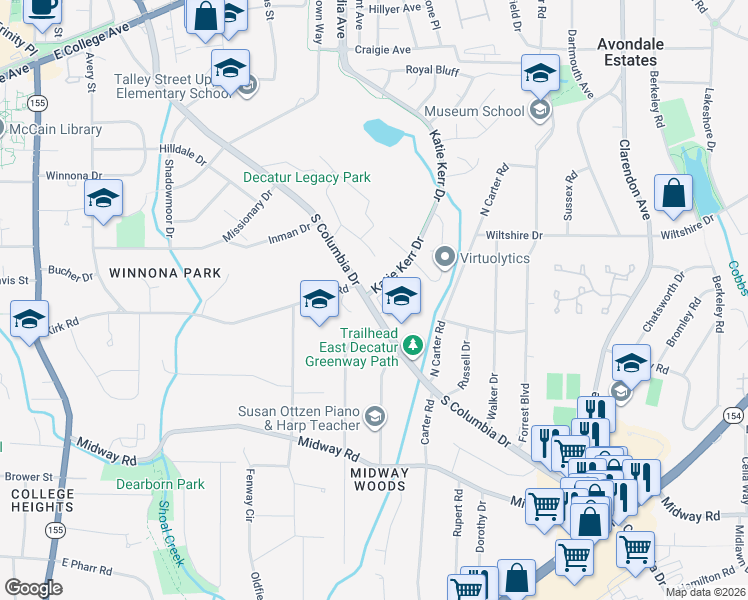 map of restaurants, bars, coffee shops, grocery stores, and more near 838 South Columbia Drive in Decatur