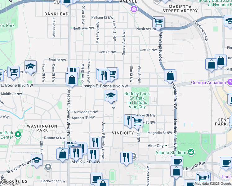 map of restaurants, bars, coffee shops, grocery stores, and more near 275 Griffin Street Northwest in Atlanta
