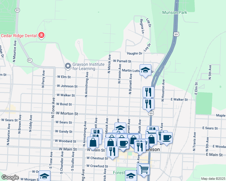 map of restaurants, bars, coffee shops, grocery stores, and more near 505 West Walker Street in Denison