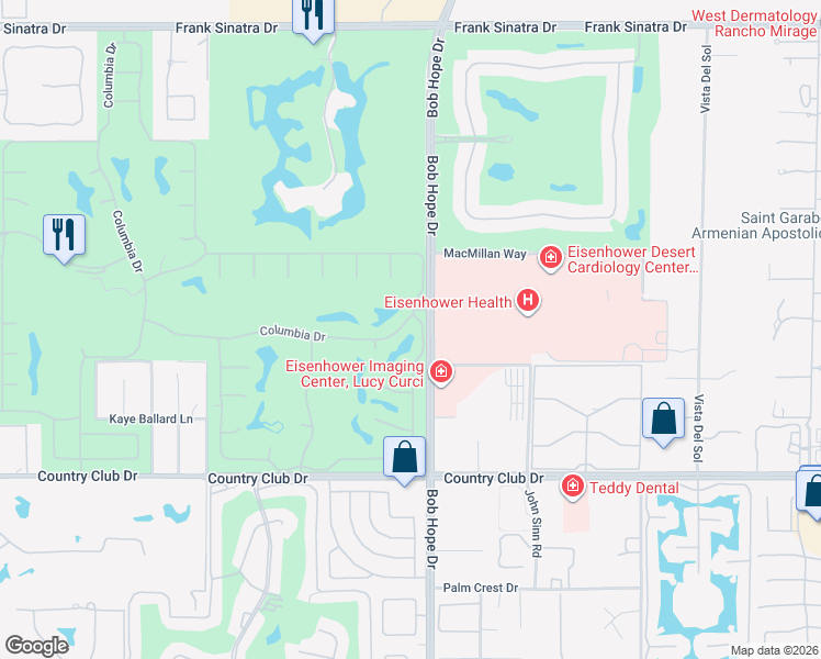 map of restaurants, bars, coffee shops, grocery stores, and more near 3 Columbia Drive in Rancho Mirage