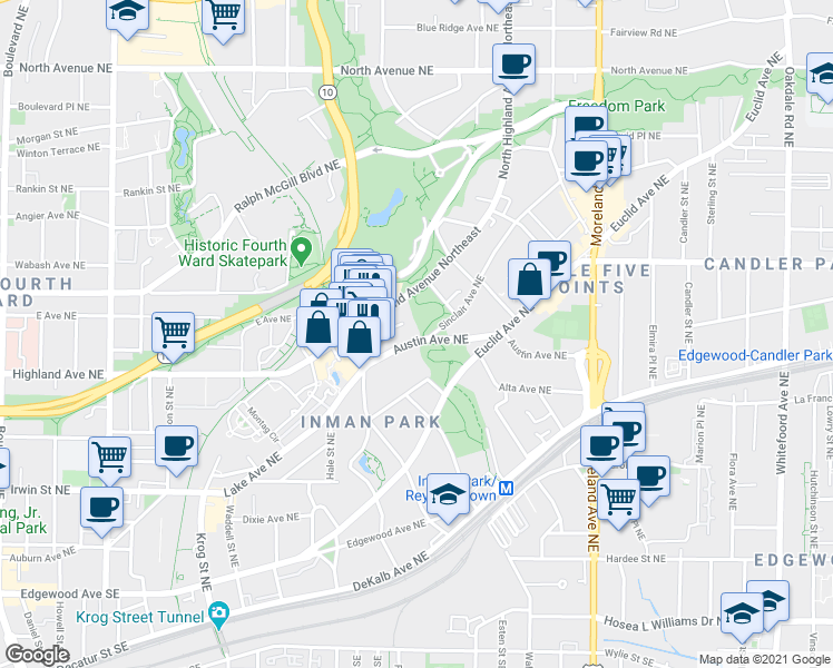 map of restaurants, bars, coffee shops, grocery stores, and more near 958 Austin Avenue Northeast in Atlanta