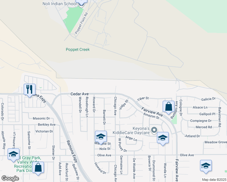 map of restaurants, bars, coffee shops, grocery stores, and more near 43498 Cedar Avenue in Hemet