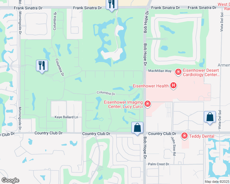 map of restaurants, bars, coffee shops, grocery stores, and more near 30 Columbia Drive in Rancho Mirage