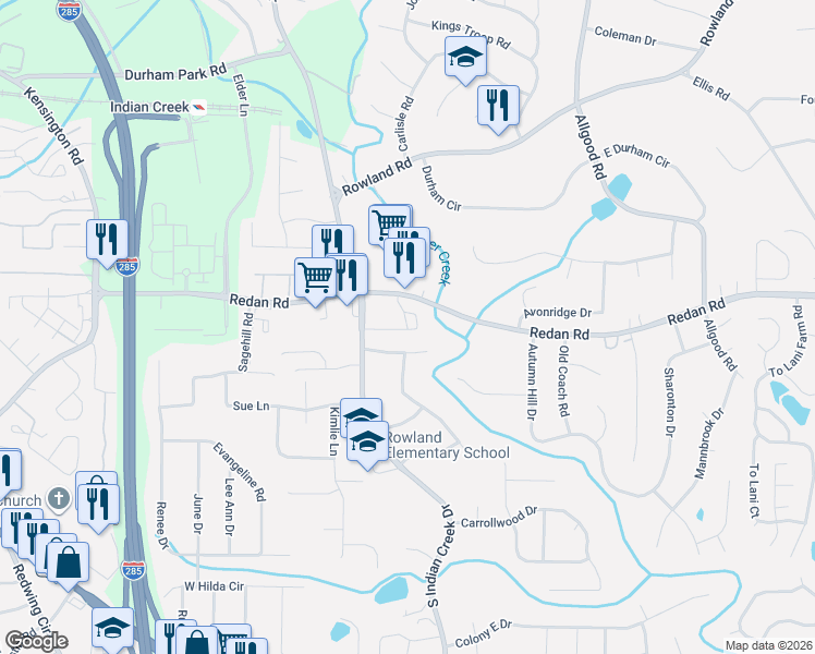 map of restaurants, bars, coffee shops, grocery stores, and more near 4092 Creek Court in Stone Mountain