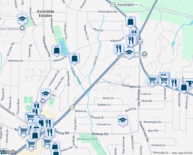 map of restaurants, bars, coffee shops, grocery stores, and more near 3900 Memorial Drive in Decatur