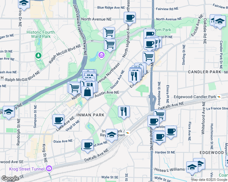 map of restaurants, bars, coffee shops, grocery stores, and more near 1020 Austin Avenue Northeast in Atlanta