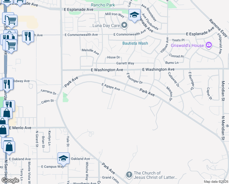 map of restaurants, bars, coffee shops, grocery stores, and more near 2411 Menlo Avenue in San Jacinto