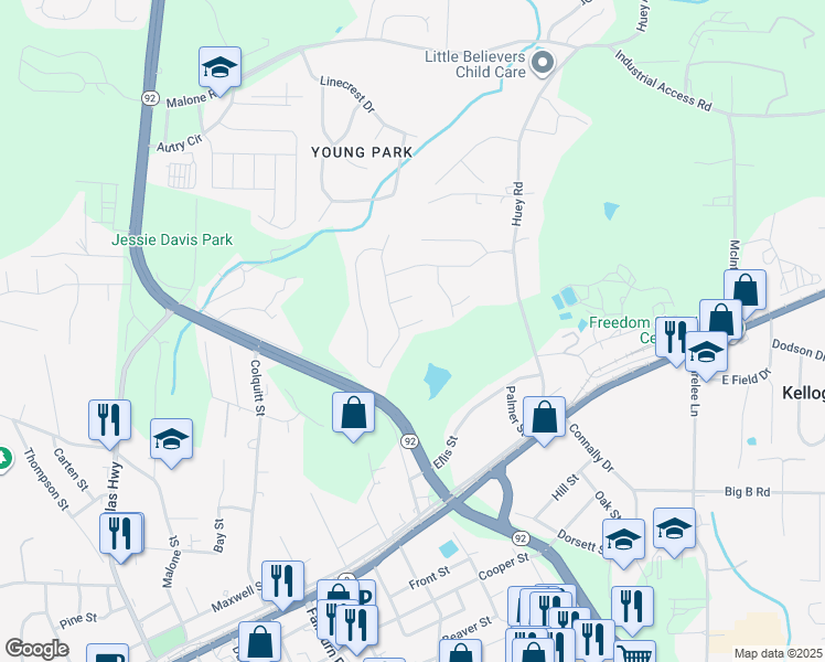 map of restaurants, bars, coffee shops, grocery stores, and more near 7883 Mulberry Way in Douglasville