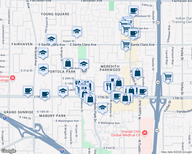 map of restaurants, bars, coffee shops, grocery stores, and more near in Santa Ana