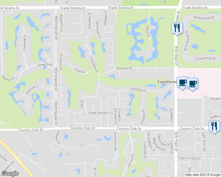 map of restaurants, bars, coffee shops, grocery stores, and more near 70 Columbia Drive in Rancho Mirage