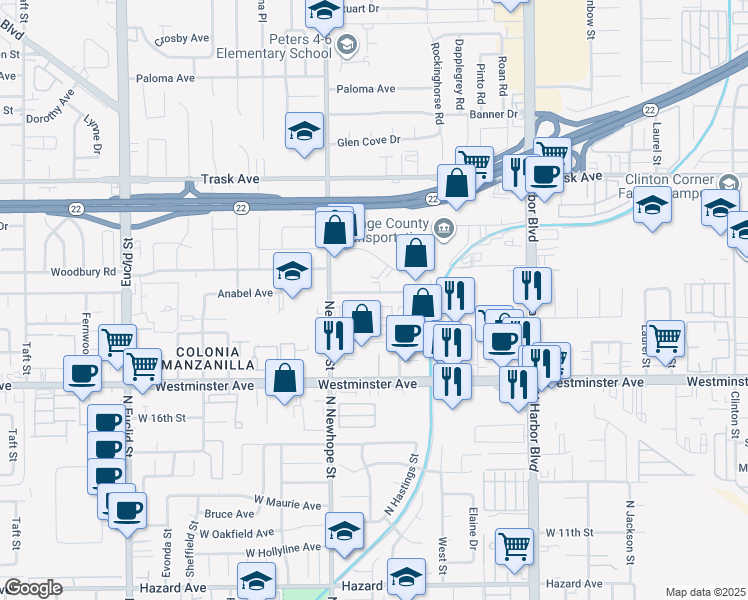 map of restaurants, bars, coffee shops, grocery stores, and more near 11612 Anabel Avenue in Garden Grove