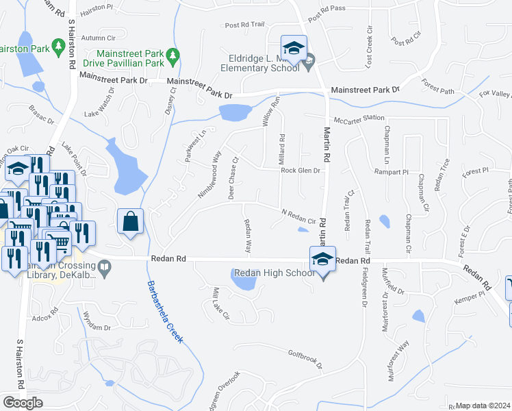 map of restaurants, bars, coffee shops, grocery stores, and more near 5049 North Redan Circle in Stone Mountain