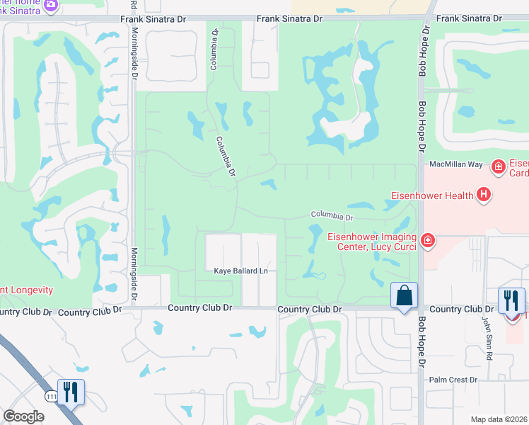 map of restaurants, bars, coffee shops, grocery stores, and more near 70 Columbia Drive in Rancho Mirage