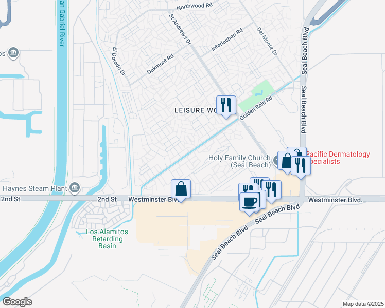 map of restaurants, bars, coffee shops, grocery stores, and more near 1442 Golden Rain Road in Seal Beach