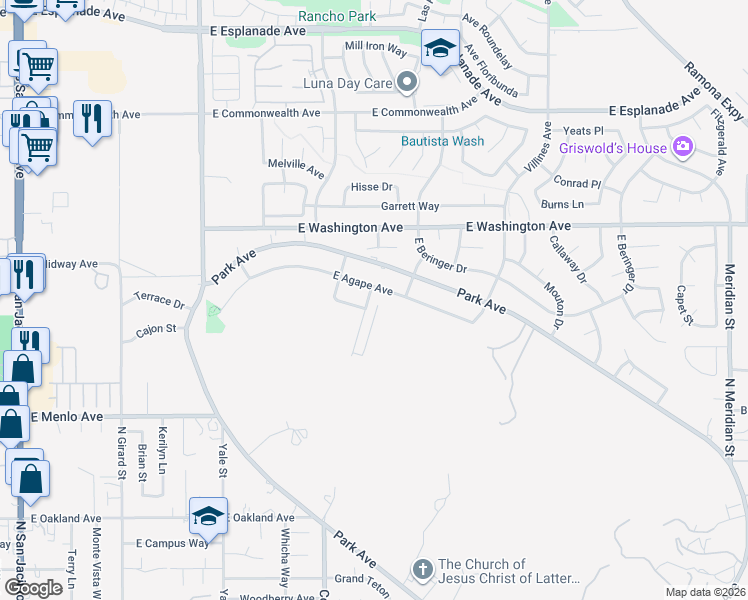 map of restaurants, bars, coffee shops, grocery stores, and more near 2411 Menlo Avenue in San Jacinto