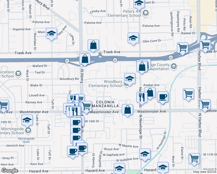 map of restaurants, bars, coffee shops, grocery stores, and more near 13800 Rosita Place in Garden Grove