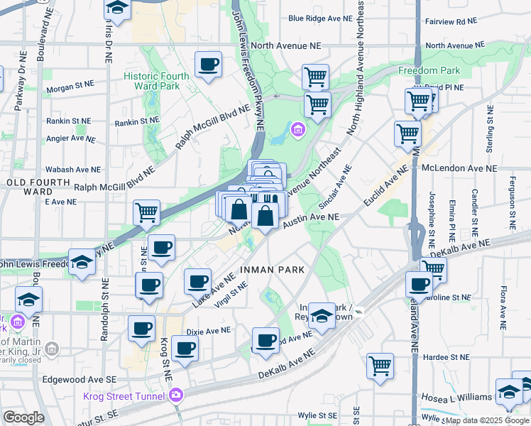 map of restaurants, bars, coffee shops, grocery stores, and more near 299 North Highland Avenue Northeast in Atlanta